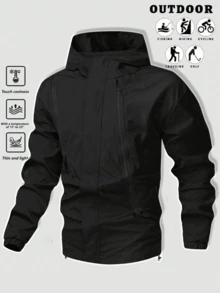 男士春夏秋季休闲纯色户外简约连帽夹克，功能性宽松工作服时尚防风防水黑色长袖轻便夹克，适合秋季徒步、钓鱼、骑行、旅行和摄影 - 黑色 - 查看 1