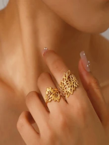 1pc Stainless Steel Leaf Ring For Women, Wide Band Floral Decoration - Leaves - View 16