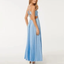 Blue High Waist Pleats Robe Dress Casual Sleeveless Solid Color Holiday Dress Summer Sexy Halter Hollow Off Shoulder Party Dress - Màu vàng - Xem 2
