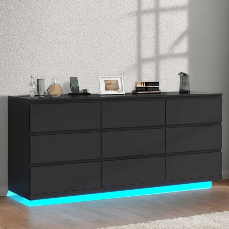 9 Drawer Dresser For Bedroom With Power Outlet And LED Lights, Floating Modern Wide Drawer Chest, Drawer Dresser Organizer For Living Room, Closet And Hallway - Xem 1