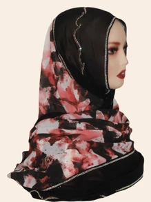 1pc Women's Fashion Chiffon Fabric Colorful Patchwork Print Scarf, Casual Stylish Headscarf Shawl, Middle Eastern Rhinestone Material, High-End, Breathable, All Season