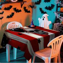 1/20 pièces Nappe d'Halloween - Fond rayé rouge et blanc effrayant, avec motif de crânes blancs. Nappe rectangulaire durable, parfaite pour les repas, pique-niques, festivals, mariages et thés, décoration d'Halloween