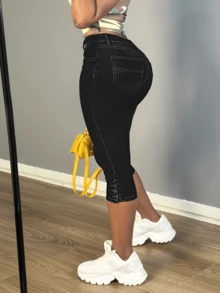 Women's Denim Skinny Capris With Button Accents And Pockets, Comfortable Slit Stretch Fabric, Casual And Versatile Jeans. - màu đen - Xem 4