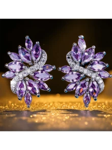 1 对优雅叶子设计方晶锆石耳钉，适合女士 - 奢华婚礼/派对/日常珠宝 - 闪亮配饰 - 紫色 - 查看 8