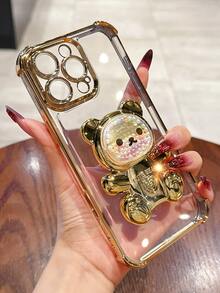 奢华电镀透明金色手机壳，创意可爱小熊支架，闪亮水钻Y2K风格，防震，新款夏季硅胶软壳保护套，兼容 16/16E/15/14/13/12/11/X/XS/XR/8/7 Plus/Pro/Max/Mini，Galaxy S24/S25 Ultra，兼容小米Redmi，荣耀，OPPO Reno，MOTO Infinix Women 2025