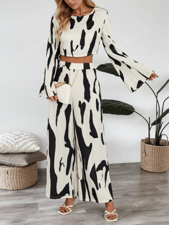 2 pièces Costume décontracté élégant pour femmes, bloc de couleurs avec imprimé tie-dye. Top court à manches longues col rond ample et pantalon large taille haute