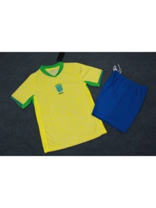 Customizable Brazilian Style Youth Football Set, Suitable For Children Aged 8-12- Personalized Jersey And Shorts Set With Customizable Logo, Numbers, And Text Content - Yellow - View 3