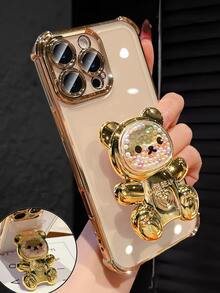 奢华电镀透明金色手机壳，创意可爱小熊支架，闪亮水钻Y2K风格，防震，新款夏季硅胶软壳保护套，兼容 16/16E/15/14/13/12/11/X/XS/XR/8/7 Plus/Pro/Max/Mini，Galaxy S24/S25 Ultra，兼容小米Redmi，荣耀，OPPO Reno，MOTO Infinix Women 2025