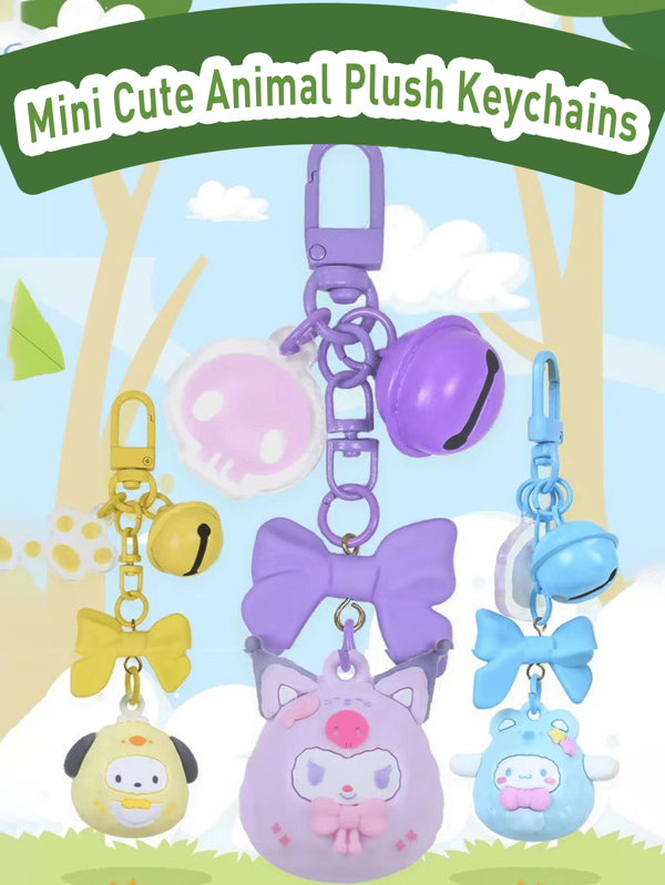 Oficjalny brelok Sanrio Animal Friends, miniaturowy, uroczy pluszowy brelok z kokardką i dzwoneczkiem, z motywem My Melody/Kuromi/Cinnamoroll/Pochacco, miękki plusz, w zestawie akrylowy pierścień i zawieszka, kompaktowy rozmiar ułatwiający przenoszenie, idealny brelok do torebki i prezent dla miłośników stylu kawaii, idealny do ozdabiania kluczy, torebek, telefonów, oficjalny produkt na licencji dla osób w każdym wieku, które uwielbiają urocze akcesoria