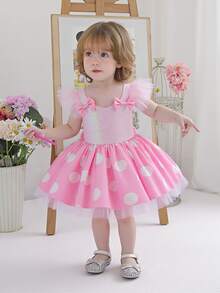 Vestido elegante de fiesta de Navidad con lunares, manga de tul y lazo con lentejuelas para niña, vestido de princesa, adecuado como regalo de cumpleaños, para fiesta, niña de las flores en boda, vestido formal - Rosa - Ver 3