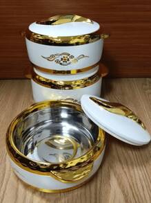 3pcs, Golden Touch Food Warmer, Thermal Casserole Dish Set With Lids, Insulated Stainless Steel Container For Hot & Cold Food, Serving Bowl For Buffets, Hot Pot Sets Food Warmer, Hot Pot Food Warmer Set, Tableware Casseroles Set, For Office - White With Words - View 3