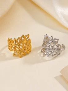 1pc Stainless Steel Leaf Ring For Women, Wide Band Floral Decoration - Leaves - View 15