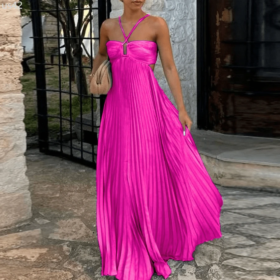 Blue High Waist Pleats Robe Dress Casual Sleeveless Solid Color Holiday Dress Summer Sexy Halter Hollow Off Shoulder Party Dress - Màu Hoa hồng đỏ - Xem 1