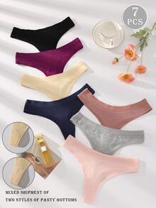 7 piezas/paquete Pantis de mujer de algodón acanalado multicolor, tangas simples y cómodas sin costuras de unicolor y sexy - Multicolor - Ver 6