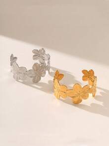 1 件花卉纹理金属厚手镯，可调节开口设计，可爱、时尚、优雅、复古、多层，适合节日、派对、礼物、日常通勤 - 金色5 - 查看 4