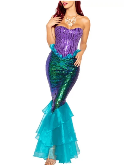 Women's Mermaid Party Costume Strapless Tube Tops Ruffle Sequin Long Tail Cosplay Fancy Dress