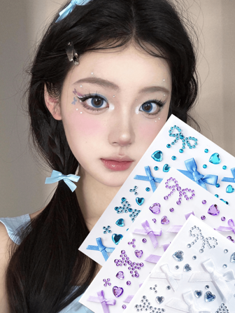 1pc These Bow - Tie And Heart - Shaped Face Stickers Are An Absolute Delight, Boasting Charming And Versatile Designs. The Assortment Includes Delicate Bows In Soft Ribbons And Sparkling Heart - Shaped Rhinestones In Various Colors Like Blue, Purple, And Silver.