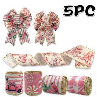 5 Rolls, Christmas Pink Wired Edge Ribbon, 2.5 Inch, Snowflake Snowmen Birds Truck Christmas Tree Candy Wind Pink White Craft Ribbon, Golden Wired Ribbons For Wedding Decorations, Christmas Crafts, DIY Wreath Bow, Party Decor Home Decor Christmas Decorations Room Decor Winter