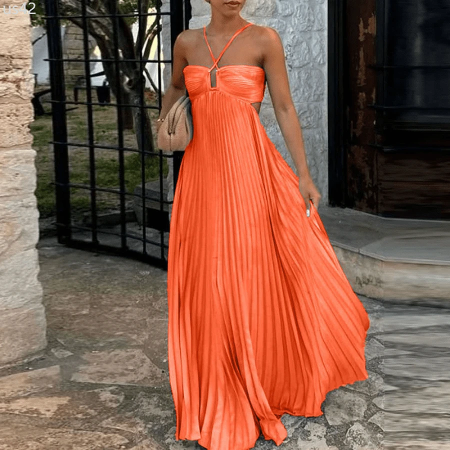 Blue High Waist Pleats Robe Dress Casual Sleeveless Solid Color Holiday Dress Summer Sexy Halter Hollow Off Shoulder Party Dress - trái cam - Xem 1
