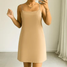 Women's Short Crepe Dress With Adjustable Straps, Open Back, Comfortable Duna Fabric, Basic, Plain, No Print - Màu be - Xem 1