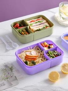 1pc Customizable Fantasy Pattern & Artistic Text Bento Box, Made Of High-Quality PP Material With 3 Compartments And Utensils, Portable, Minimalist, Waterproof, Tight-Sealing, Leak-Proof, Large Capacity, Suitable For Office Workers And College Daily Lunch Box - Multicolor - View 3