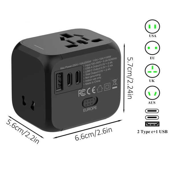 1 pieza Adaptador de viaje internacional 4 en 1, Convertidor de enchufe de alimentación global de 2500W con 1 puerto USB y 2 puertos Tipo-C, diseño compacto y ligero, compatible con tomas de corriente de EE. UU./Reino Unido/UE/AU, disponible en azul/naranja/negro/blanco, esencial para viajes de negocios y vacaciones