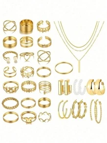 37-68 buc Set de bijuterii elegante vintage cu fluture, inimă, perlă artificială, nod răsucit, stea, lună, stras, inel lat, lanț șarpe, lanț împletit, cercei geometrici în formă de C, colier, inel, brățară, potrivit pentru sărbători, petreceri, purtare zilnică, cadouri de sărbători