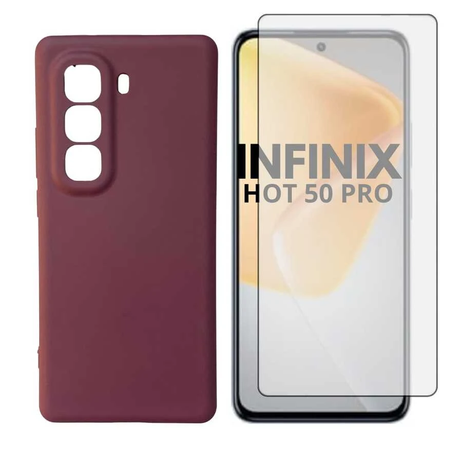 Cover + 3D Glass Film Compatible With Infinix Hot 50 Pro - Burgundy - View 1