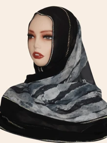 1pc Women's Fashion Chiffon Fabric Colorful Patchwork Print Scarf, Casual Stylish Headscarf Shawl, Middle Eastern Rhinestone Material, High-End, Breathable, All Season