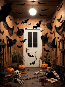 19pcs/Set Halloween Witch Hat + 3D Bat Stickers + Fishing Line Set, Costume Accessories For Role Play, Carnival, Festivals. Thick Hanging Black Wizard Hat For Men, Women, Children, Indoor & Outdoor Party Decor