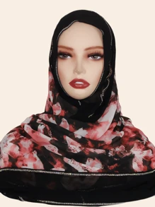 1pc Women's Fashion Chiffon Fabric Colorful Patchwork Print Scarf, Casual Stylish Headscarf Shawl, Middle Eastern Rhinestone Material, High-End, Breathable, All Season