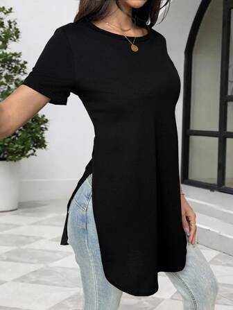 2025 欧美新款女式夏季圆领纯色不规则下摆侧开衩时尚设计T恤，休闲长款宽松T恤，适合日常穿着