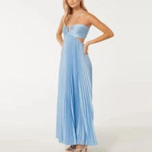 Blue High Waist Pleats Robe Dress Casual Sleeveless Solid Color Holiday Dress Summer Sexy Halter Hollow Off Shoulder Party Dress - 深棕色 - 查看 2