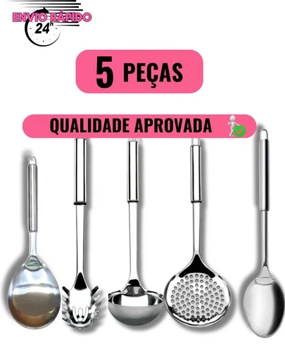 KIT 5 UTENSÍLIOS DE COZINHA AÇO INOX COLHER DE ARROZ CONCHA ESCUMADEIRA PEGADOR MASSA