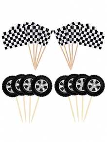 20/24pcs Racing Scene Cake Decoration Flag Wheel Racing Party Cake Decoration Mini Checkered Racing Flag Cake Decoration Racing Theme Party Supplies Black And White Checkered Flag Cake Card Birthday Dessert Table Card. - Multicolor - View 11