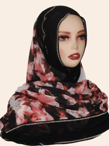 1pc Women's Fashion Chiffon Fabric Colorful Patchwork Print Scarf, Casual Stylish Headscarf Shawl, Middle Eastern Rhinestone Material, High-End, Breathable, All Season