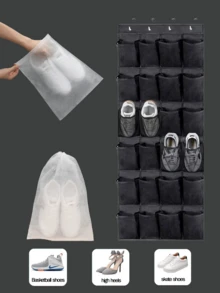 1个门后鞋架，带14/24/35个大网袋，适用于衣柜、玄关、卧室、浴室、储藏室，可收纳男士运动鞋、女士高跟鞋、人字拖，采用耐用牛津布制成，容量大，节省空间，网状背衬，是理想的礼物之选。 - 黑色 - 查看 10