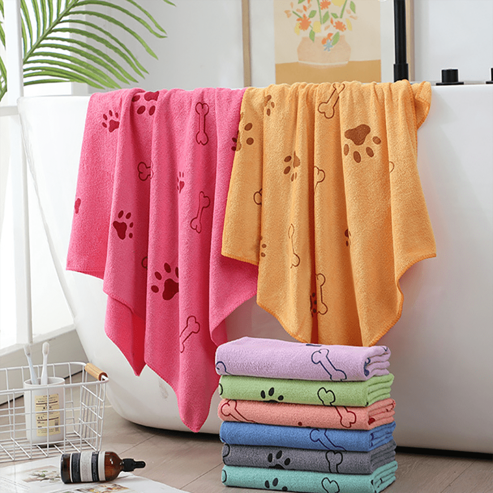 Toalha de microfibra supermacia para tosa de cães, 50x100 cm/19,68x39,37 pol., toalha de banho de secagem rápida para animais de estimação, adequada para filhotes e gatinhos pequenos, médios e grandes - cores vibrantes, design de pata e osso