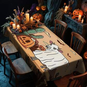 1/20 piezas Mantel de Halloween, Mantel con estampado de calabaza naranja, vaca blanca y cactus verde, excelente para uso en interiores/exteriores, reuniones familiares, cocina y comedor, decoraciones de Halloween, decoración del hogar