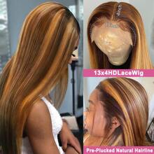 200% 密度直发 34 英寸蕾丝前假发，带婴儿头发 - 预漂白直发 13*6 蕾丝前假发，无胶混合发假发 - 渐变蜂蜜金色高光 P4/27 颜色蕾丝前假发，自然发际线 - 适合所有种族的优雅风格，耳到耳高清透明蕾丝前假发，巴西雷米真人混合发假发，适合初学者