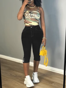 Women's Denim Skinny Capris With Button Accents And Pockets, Comfortable Slit Stretch Fabric, Casual And Versatile Jeans. - màu đen - Xem 1