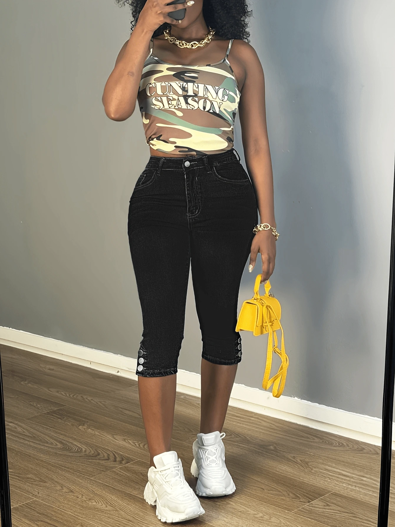 Women's Denim Skinny Capris With Button Accents And Pockets, Comfortable Slit Stretch Fabric, Casual And Versatile Jeans. - màu đen - Xem 1