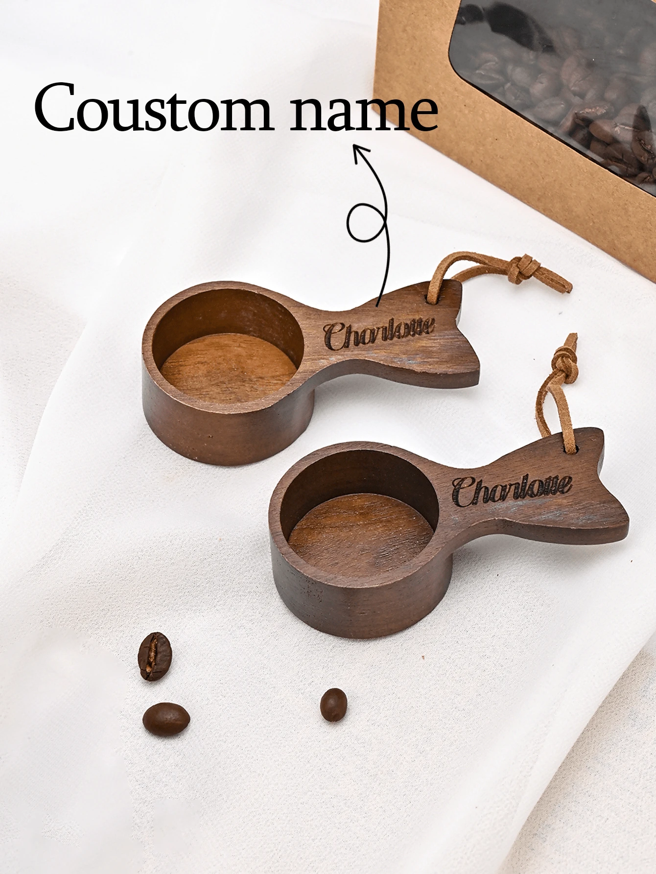 Customized Text Coffee Measuring Spoons, Small Fish-Shaped Coffee Tool Bean Spoons, Ground Coffee Spoons, Household Measuring Spoons, School Supplies, As Gifts For Friends, Family, And Loved Ones - Laser-solid Wood Fish Spoon - View 1