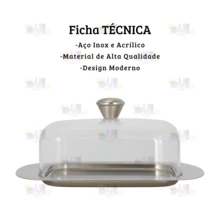 Mantegueira Inox Retangular Tampa Transparente Para Cozinha Multiuso Universal Manteiga Porta Frios Queijo - Preto - Visão 3