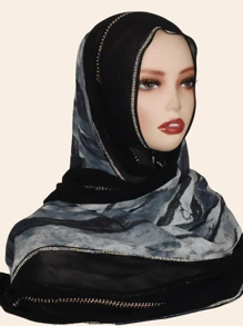 1pc Women's Fashion Chiffon Fabric Colorful Patchwork Print Scarf, Casual Stylish Headscarf Shawl, Middle Eastern Rhinestone Material, High-End, Breathable, All Season