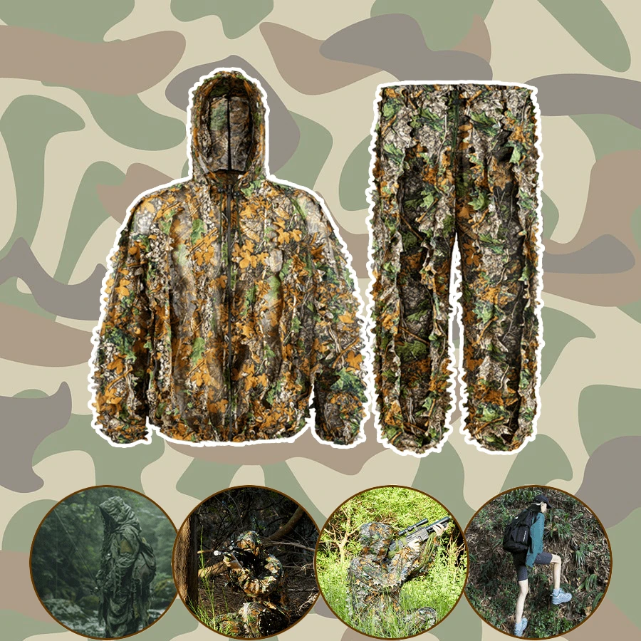 Traje de camuflaje con patrón de hojas de arce en 3D, adecuado para caza al aire libre, observación de aves, pesca, escalada de rocas o juegos de CS en vivo. También se puede usar para disfraces de fiestas de Navidad y Halloween.