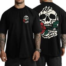 Oversized Black Gym T-Shirt Comfortable Cotton Model: "Skeleton Biting A Rose" - Special New