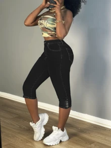 Women's Denim Skinny Capris With Button Accents And Pockets, Comfortable Slit Stretch Fabric, Casual And Versatile Jeans. - màu đen - Xem 3