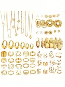 37-68 buc Set de bijuterii elegante vintage cu fluture, inimă, perlă artificială, nod răsucit, stea, lună, stras, inel lat, lanț șarpe, lanț împletit, cercei geometrici în formă de C, colier, inel, brățară, potrivit pentru sărbători, petreceri, purtare zilnică, cadouri de sărbători