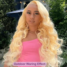 #613 金色波浪假发 蕾丝前假发 13x4 高清透明蕾丝前假发 200% 密度假发 无胶混合真人发假发 预拔婴儿发 混合发假发 巴西发前假发 适合初学者 每日尺寸 - S613 - 查看 6